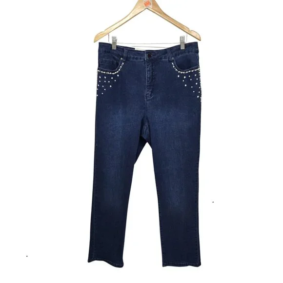 Women’s Straight Leg Dark Blue Jeans with Stud Embellishment - Picture 2 of 15